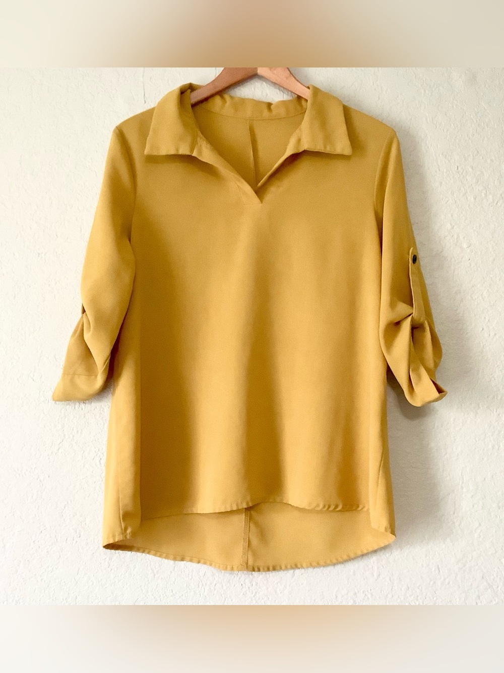 SHEIN Mustard Yellow V-Neck Collared Roll-Sleeve Blouse